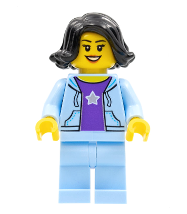 Woman, Black Hair, Bright Light Blue Jacket, Dark Purple Star Shirt, Bright Light Blue Legs