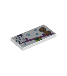 White Tile 2 x 4 with Paw Prints and 2 Dogs on Dark Pink Seesaw Pattern