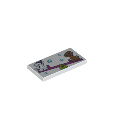 White Tile 2 x 4 with Paw Prints and 2 Dogs on Dark Pink Seesaw Pattern