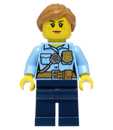 Police - City Officer Female, Bright Light Blue Shirt with Badge and Radio, Dark Blue Legs, Medium Nougat Hair