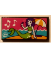 Black Tile 2 x 4 with Mermaid on Beach, Music Notes, Umbrella, and 'TV' Pattern (Sticker) - Set 41313