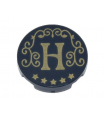 Black Tile, Round 2 x 2 with Bottom Stud Holder with Gold Capital Letter H, Filigree, and Stars Pattern