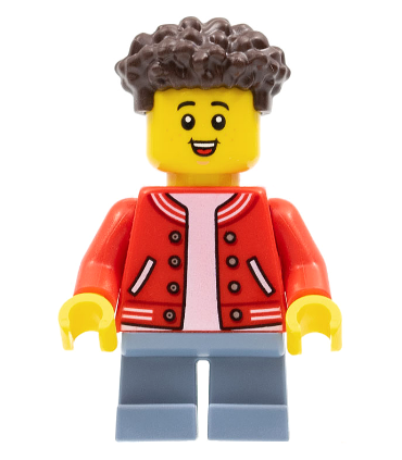Boy, Red Jacket with Striped Trim, Sand Blue Short Legs, Dark Brown Hair