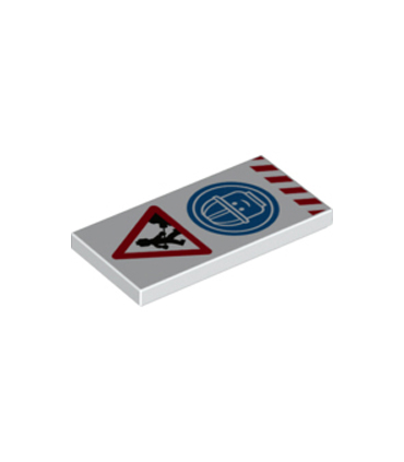White Tile 2 x 4  Worker with Shovel and Pile, Head with Construction Helmet in Blue Circle, and Red Danger Stripes Pattern