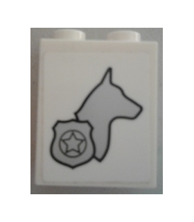 White Brick 1 x 2 x 2 with Inside Stud Holder with Silver Dog Head Silhouette and Police Badge Right Side (Sticker) - Set 60048