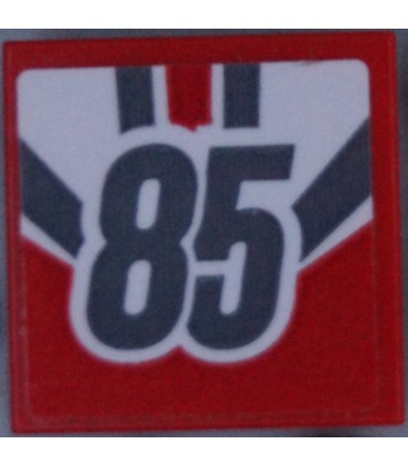 Red Tile 2 x 2 with Groove with Dark Bluish Gray Number 85 and Stripes Pattern (Sticker) - Set 60145