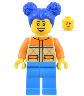 Woman - Tan and Orange Quilted Vest, Dark Azure Legs, Blue Pigtails, Freckles