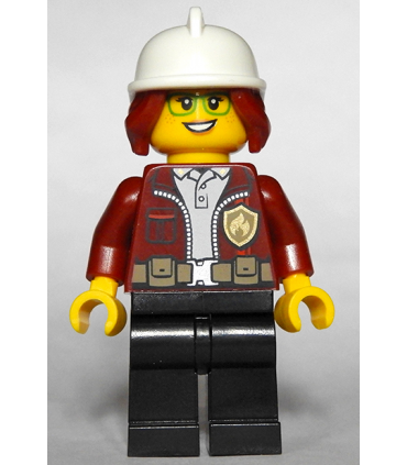Fire Chief, Female - Freya McCloud, Dark Red Jacket, Black Legs, White Fire Helmet, Open Smile / Closed Mouth Pattern