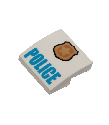 White Slope, Curved 2 x 2 x 2/3 with Gold and Copper Badge with Star and Black Outline, Blue 'POLICE' Pattern
