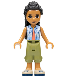 Friends Dr. Makena, Olive Green Trousers, Tan Shoes, Bright Light Blue Vest over Coral Shirt