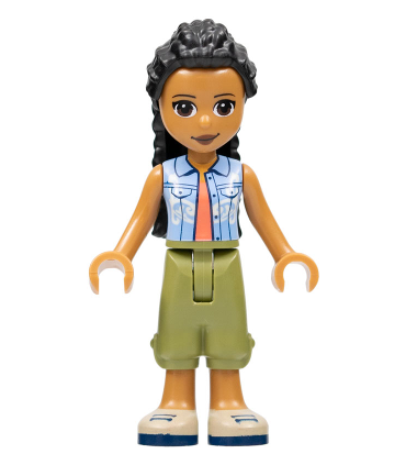 Friends Dr. Makena, Olive Green Trousers, Tan Shoes, Bright Light Blue Vest over Coral Shirt