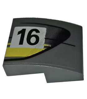 Dark Bluish Gray Slope, Curved 2 x 2 x 2/3 with Black Number 16 and Double Yellow Stripes on Dark Bluish Gray Right Side
