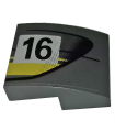 Dark Bluish Gray Slope, Curved 2 x 2 x 2/3 with Black Number 16 and Double Yellow Stripes on Dark Bluish Gray Right Side