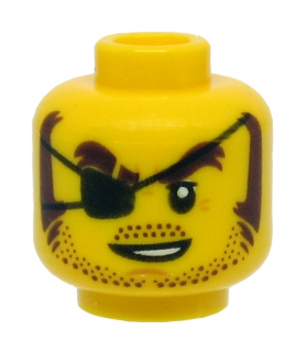 Yellow Minifigure, Head Black Eye Patch, Brown Eyebrows, Sideburns, Stubble, Open White Mouth Pattern - Hollow Stud