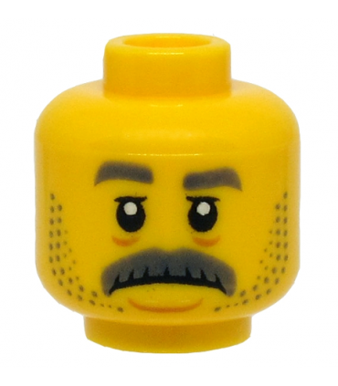 Yellow Minifigure, Head Gray Eyebrows, Moustache, Stubble, Sad Face Pattern - Hollow Stud