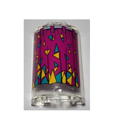 Trans-Clear Cylinder Half 2 x 4 x 5 with 1 x 2 Cutout with Magenta Curtain with Dark Turquoise and Bright Light Orange Triangles