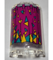 Trans-Clear Cylinder Half 2 x 4 x 5 with 1 x 2 Cutout with Magenta Curtain with Dark Turquoise and Bright Light Orange Triangles