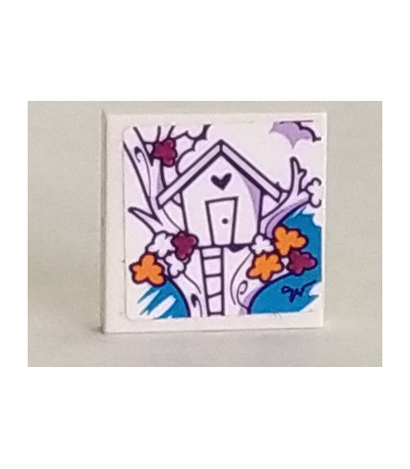 White Tile 2 x 2 with Groove with Tree House and Ladder Pattern (Sticker) - Set 41335