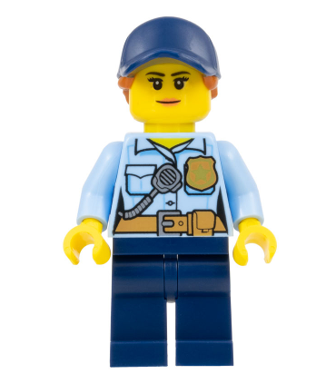 Police - City Officer Female, Bright Light Blue Shirt with Badge and Radio, Dark Blue Legs, Dark Blue Cap Dark Orange Ponytail