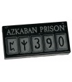 Black Tile 1 x 2 with Groove with Light Bluish Gray 'AZKABAN PRISON' and Squares with Runes and '390' Pattern