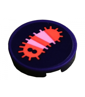 Dark Purple Tile, Round 2 x 2 with Bottom Stud Holder with Bright Pink and Coral Striped Caterpillar with Eyes Pattern (Sticker)