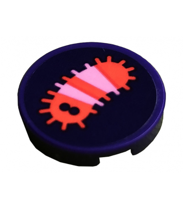 Dark Purple Tile, Round 2 x 2 with Bottom Stud Holder with Bright Pink and Coral Striped Caterpillar with Eyes Pattern (Sticker)