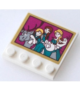 White Tile, Modified 4 x 4 with Studs with Picture of Sven, Kristoff, Anna, Elsa and Olaf with Gold Border Pattern (Sticker)