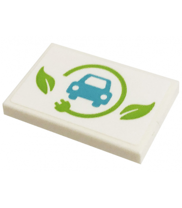 White Tile 2 x 3 with Medium Azure Car, Lime Leaves and Power Plug Pattern (Sticker) - Set 41443