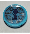 Medium Azure Tile, Round 2 x 2 with Bottom Stud Holder with Dark Blue Keyhole and Metallic Light Blue Ice Crystal Pattern