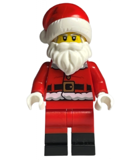 Santa, Red Legs, Black Boots Fur Lined Jacket with Button and Candy Cane on Back, Gray Bushy Eyebrows