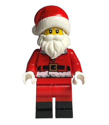 Santa, Red Legs, Black Boots Fur Lined Jacket with Button and Candy Cane on Back, Gray Bushy Eyebrows