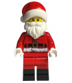 Santa, Red Legs, Black Boots Fur Lined Jacket with Button and Candy Cane on Back, Gray Bushy Eyebrows