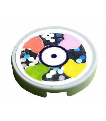 Light Bluish Gray Tile, Round 2 x 2 with Bottom Stud Holder with Bright Pink, Coral, Lime and Yellow Sectors Pattern (Sticker)