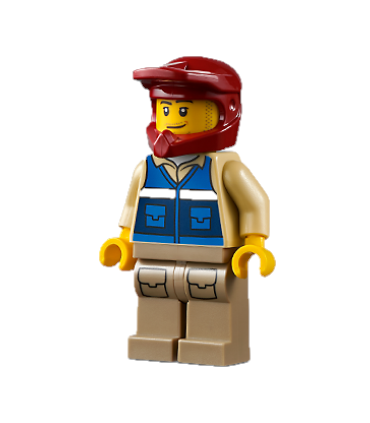 Wildlife Rescue Explorer - Male, Blue Vest with 'RESCUE' Pattern on Back, Dark Red Helmet, Dark Tan Legs with Pockets, Beard