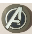 Dark Bluish Gray Tile, Round 2 x 2 with Bottom Stud Holder with Silver Avengers Logo Pattern