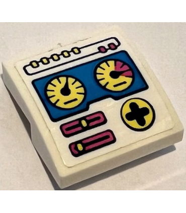 White Slope, Curved 2 x 2 x 2/3 with Control Panel with Buttons, Bright Light Yellow Gauges, Dark Pink Sliders, and Directional