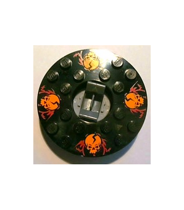 Dark Bluish Gray Turntable 6 x 6 x 1 1/3 Round Base with Black Top with Orange Skulls on Red Pattern (Ninjago Spinner)