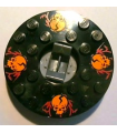 Dark Bluish Gray Turntable 6 x 6 x 1 1/3 Round Base with Black Top with Orange Skulls on Red Pattern (Ninjago Spinner)