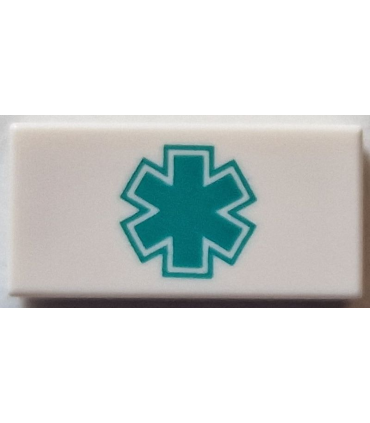 White Tile 1 x 2 with Groove with Dark Turquoise EMT Star of Life Pattern