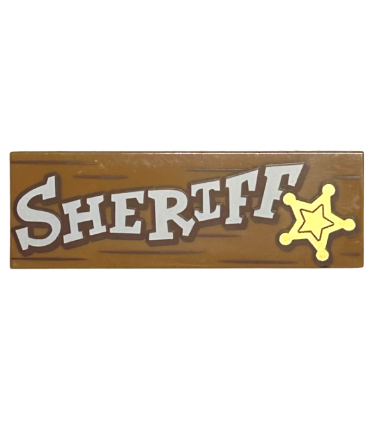 Medium Nougat Tile 2 x 6 with White 'SHERIFF', Gold Star and Reddish Brown Wood Grain Lines Pattern