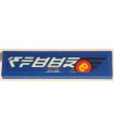 Blue Tile 1 x 4 with White Ninjago Logogram 'Speed', Black Lines and Yellow Lowercase Letter e in Red Circle  (Sticker)