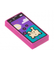 Magenta Tile 1 x 2 with Smartphone Game with Bright Light Yellow Alien on Dark Turquoise Hill, Sun, Clouds, and Dark Purple Sky