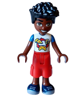 Friends Zac - White and Blue Shirt with Pizza and Game Controller, Red Trousers Cropped Large Pockets, Dark Blue Shoes