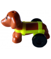 Dark Orange Dog, Friends, Dachshund with Neon Yellow Wheelchair Harness with Black Wheels (Pickle)