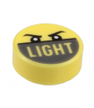 Bright Light Yellow Tile, Round 1 x 1 with Angry Eyes and 'LIGHT' on Silver Background Pattern