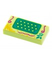 Yellowish Green Tile 1 x 2 with Groove with Accordion Keys on Dark Turquoise Panel, Magenta Filigree, Sun, Leaves Pattern