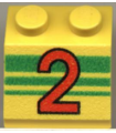 Yellow Slope 45 2 x 2 with Red Number 2 and Green Stripes Pattern