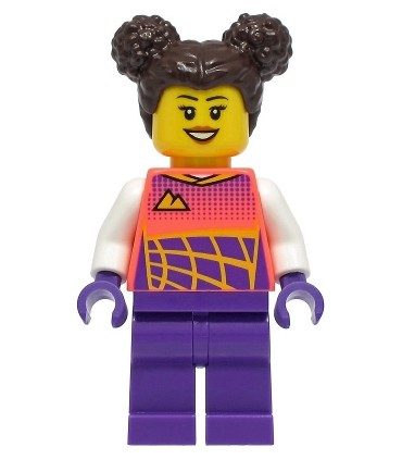 Stuntz Driver - Female, Coral Racing Shirt with White Arms, Dark Purple Legs, Dark Brown Hair with Buns