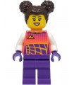 Stuntz Driver - Female, Coral Racing Shirt with White Arms, Dark Purple Legs, Dark Brown Hair with Buns