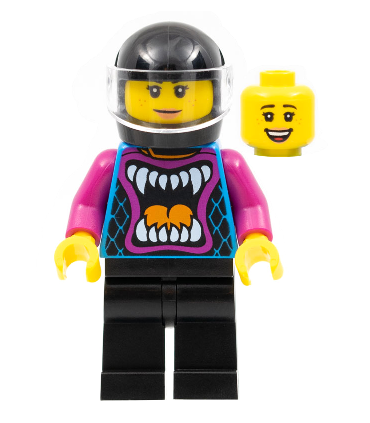 Ann McCloud - Stuntz Driver, Dark Azure Jacket with Animal Mouth and Magenta Arms, Black Legs, Black Helmet, Trans-Clear Visor